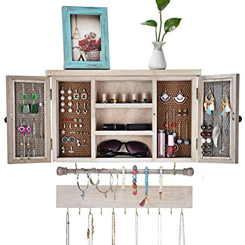 Sunix Rustic Mesh Jewelry Organizer Shelf and Hooks Earrings Wall Mounted Display Hanging Jewelry Holder for Necklace Bracelets with Bracelet Rod
